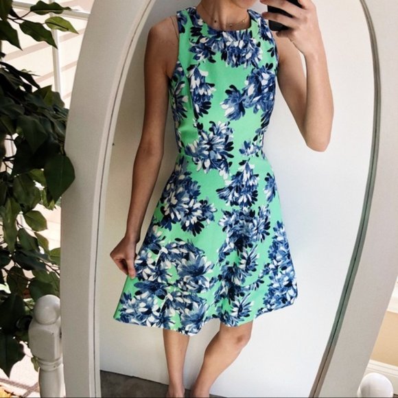 J.Crew Green and Blue A-Line Photo Floral Dress 0 - Picture 1 of 6